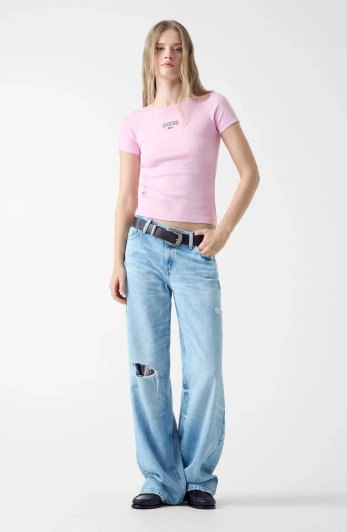 Guess GJ Kolsuz Bisiklet Yaka Nakışlı Dar Kesim Kadın Pembe Top W6RP21KA0H1-G65F