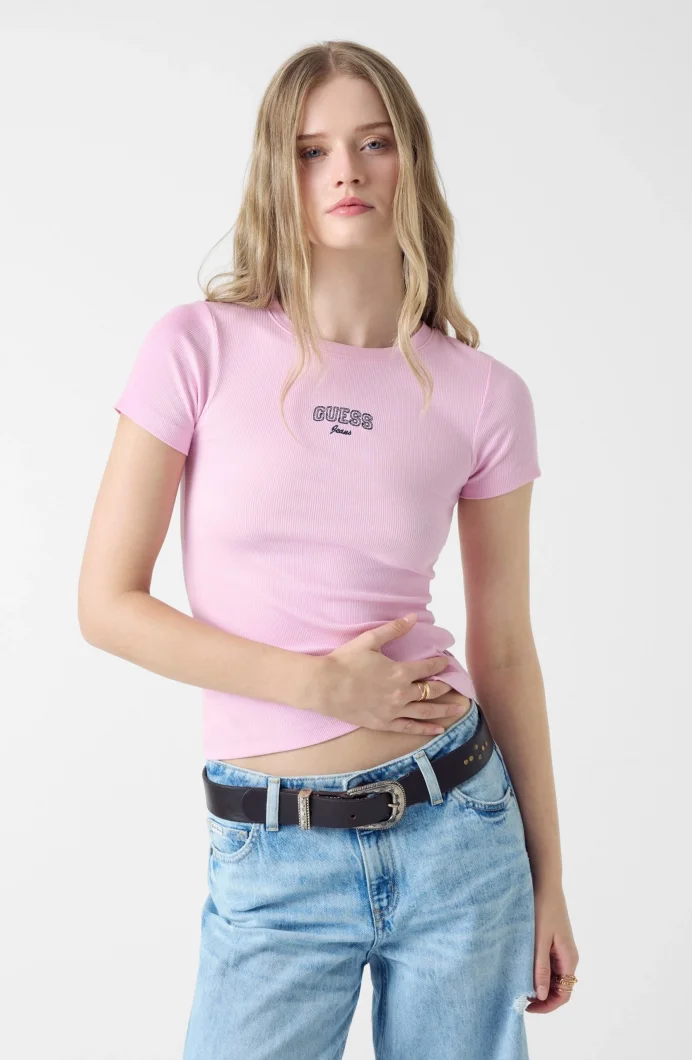 Guess GJ Kolsuz Bisiklet Yaka Nakışlı Dar Kesim Kadın Pembe Top W6RP21KA0H1-G65F