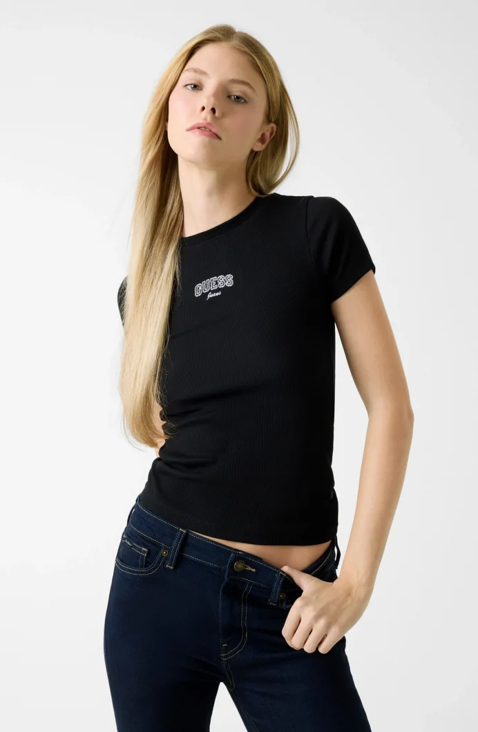 Guess GJ Kolsuz Bisiklet Yaka Nakışlı Dar Kesim Kadın Siyah Top W6RP21KA0H1-JBLK