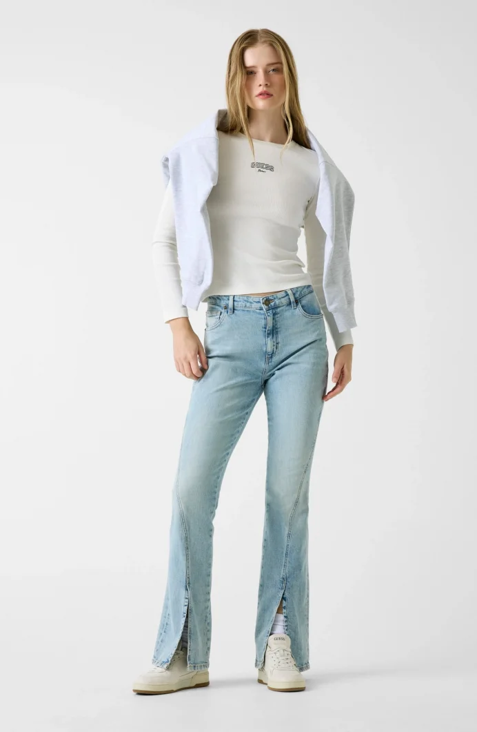 Guess GJ Uzun Kollu Bisiklet Yaka Nakışlı Dar Kesim Kadın Krem Top W6RP22KA0H1-G053