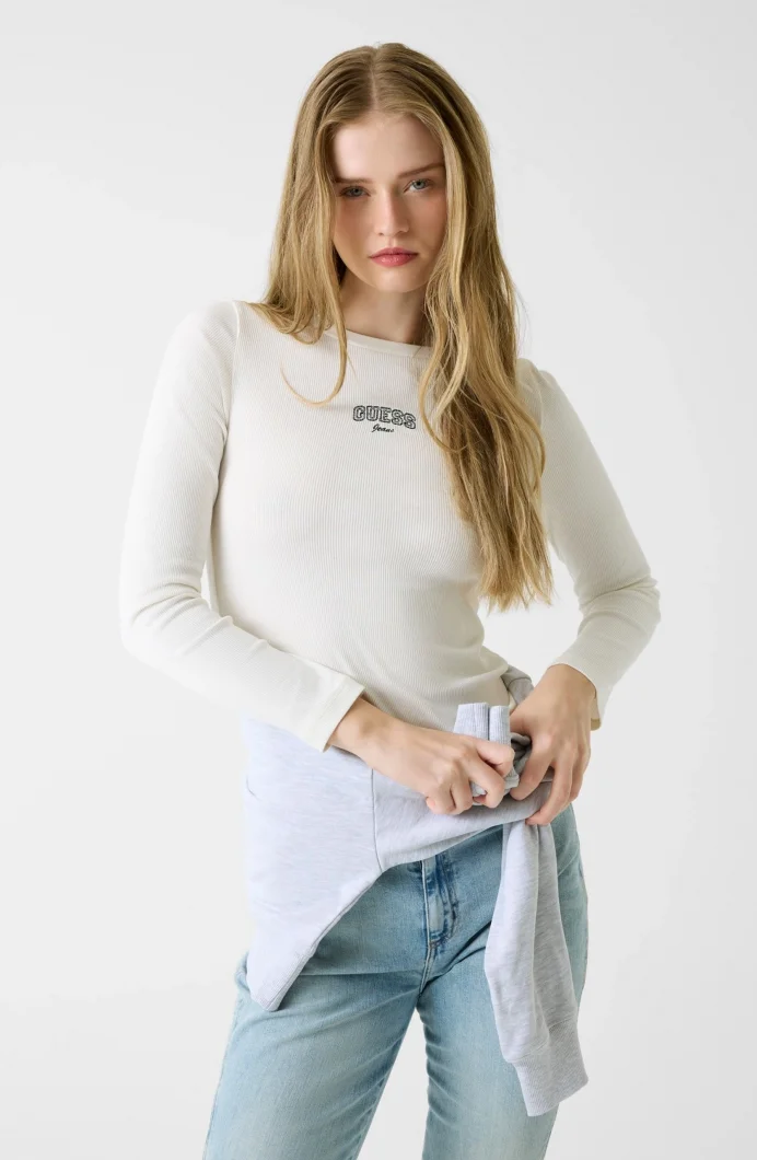 Guess GJ Uzun Kollu Bisiklet Yaka Nakışlı Dar Kesim Kadın Krem Top W6RP22KA0H1-G053