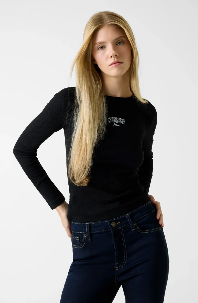 Guess GJ Uzun Kollu Bisiklet Yaka Nakışlı Dar Kesim Kadın Siyah Top W6RP22KA0H1-JBLK
