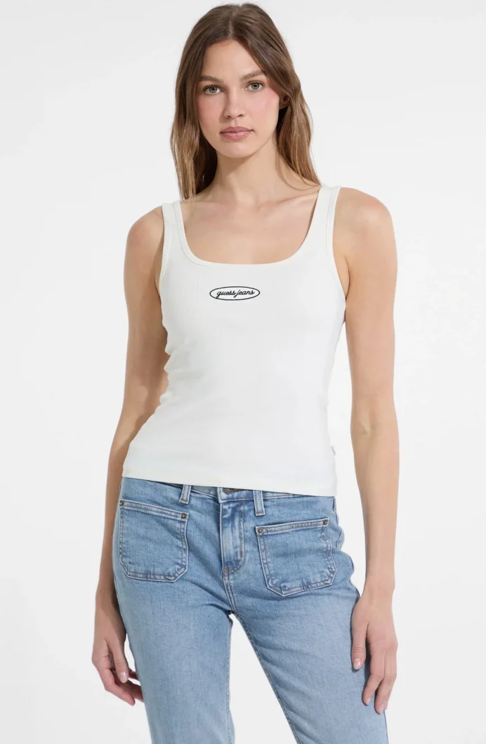 Guess Kadın Krem Nakış Logolu Ribana Crop Atlet W5YP35KA0H1-G053