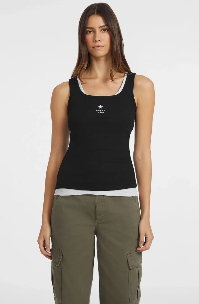 Guess Kadın Siyah Kare Yaka Nakışlı Ribana Atlet W4YP48KA0H1-JBLK