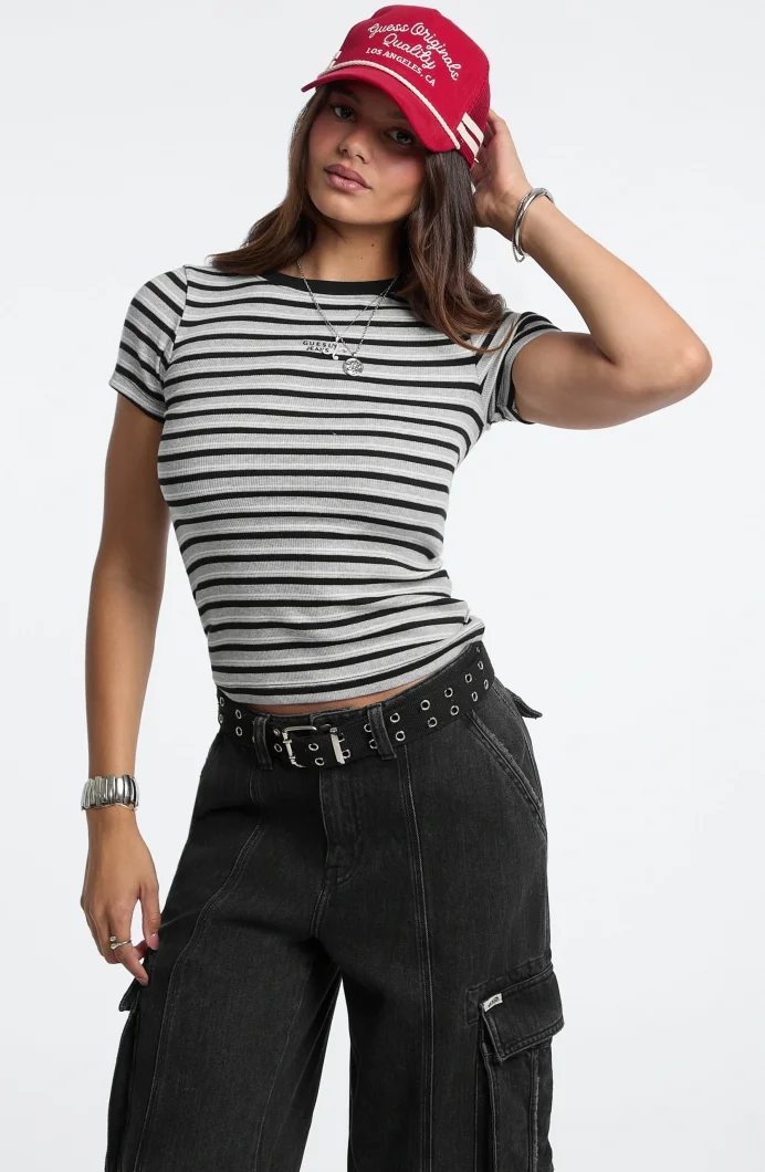 Guess Kadın Siyah Çok Renkli Çizgili Logolu T-shirt W5BP52KA0H1-S9HG