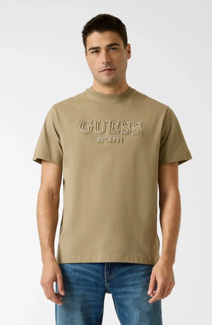 Guess Kısa Kollu Bisiklet Yaka Nakış Logolu Erkek Haki T-shirt M6RI22K8FQ4-G1ED