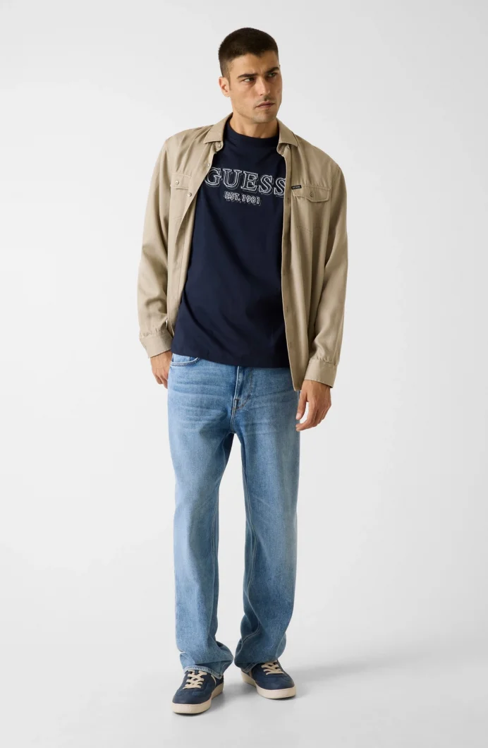 Guess Kısa Kollu Bisiklet Yaka Nakış Logolu Erkek Lacivert T-shirt M6RI22K8FQ4-G7V2