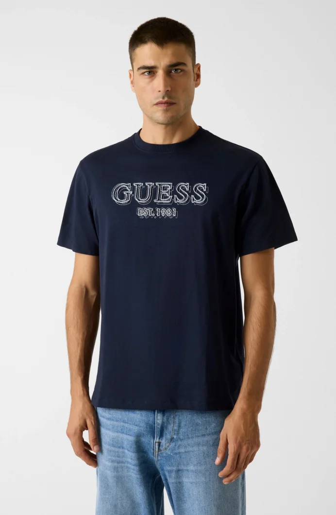 Guess Kısa Kollu Bisiklet Yaka Nakış Logolu Erkek Lacivert T-shirt M6RI22K8FQ4-G7V2
