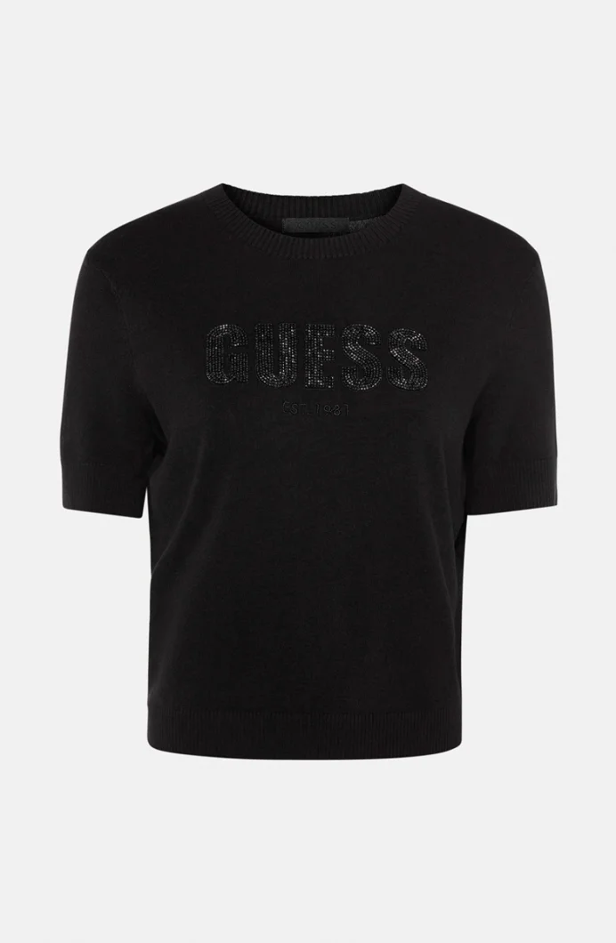 Guess Kısa Kollu Bisiklet Yaka Norah Logolu Triko Kadın Siyah Triko W6RR47Z2NQ2-JBLK