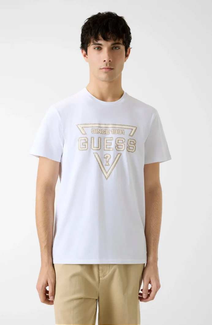 Guess Kısa Kollu Temel Boyalı Üçgen Logolu Erkek Beyaz T-shirt M6RI09I3Z14-G011