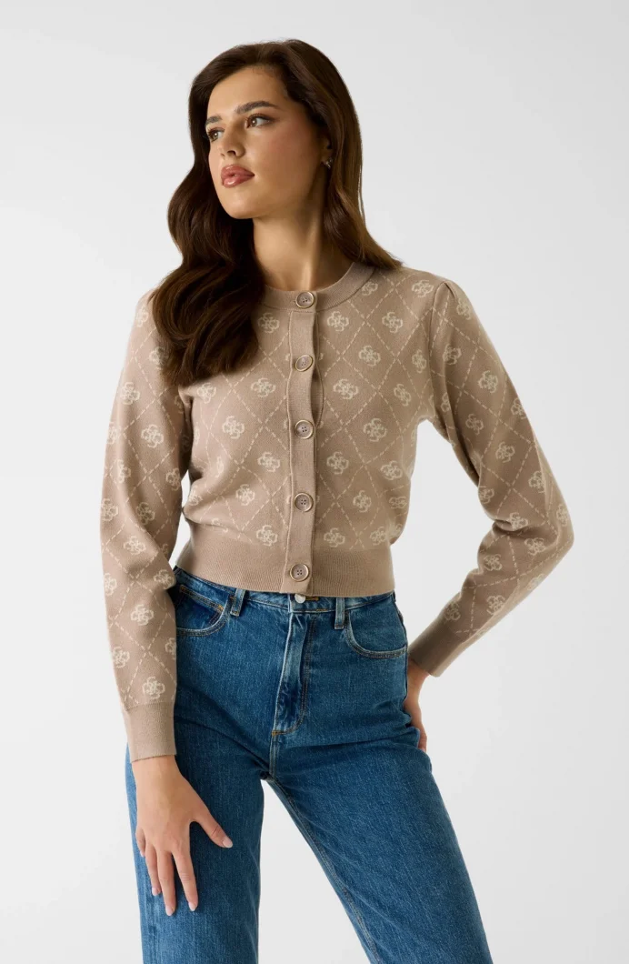 Guess Sarah 4G Uzun Kollu Bisiklet Yaka Hırka Triko Kadın Krem Hırka W4BR0DZ3JD2-FNJS