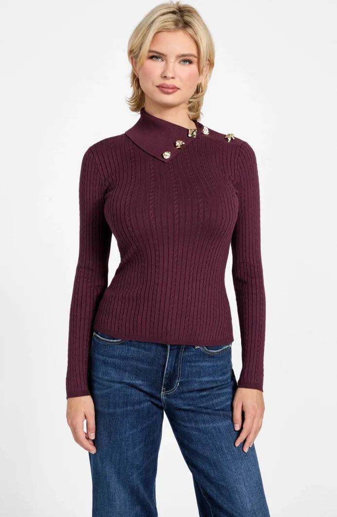 Guess Uzun Kollu Balıkçı Yaka Priscilla Saç Örgü Fitilli Triko Kadın Bordo Triko W6RR07Z2YK2-RGP
