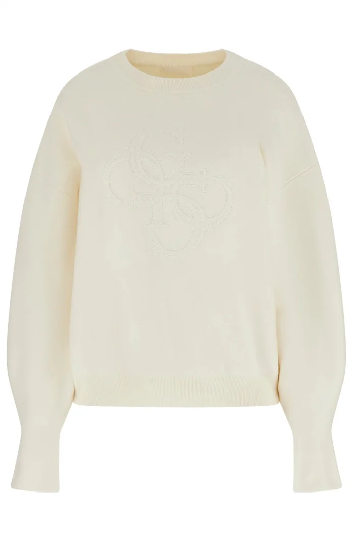 Guess Uzun Kollu Bisiklet Yaka Parker 4G Logolu Triko Kadın Beyaz Triko W6RR48Z26I2-G047