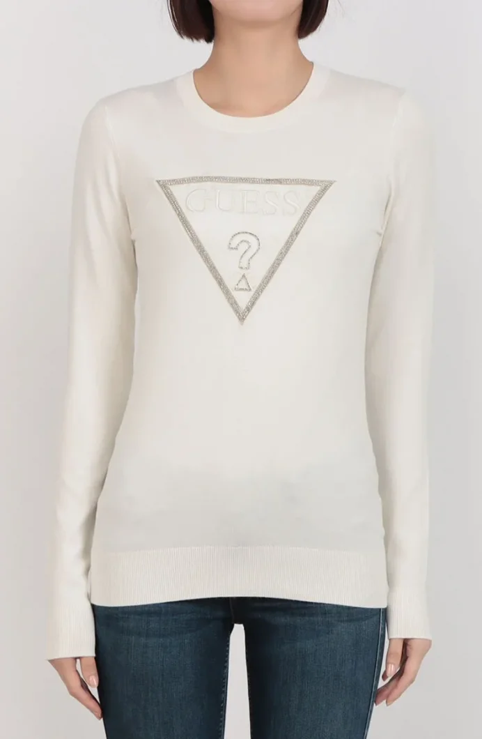 Guess Uzun Kollu Bisiklet Yaka Sasha Üçgen Logolu Triko Kadın Beyaz Triko W6RR49Z2NQ2-G012