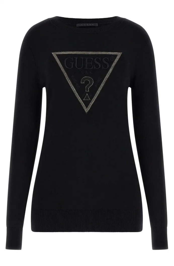 Guess Uzun Kollu Bisiklet Yaka Sasha Üçgen Logolu Triko Kadın Siyah Triko W6RR49Z2NQ2-JBLK