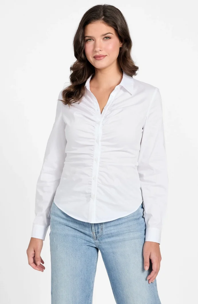 Guess Uzun Kollu Emily Büzgülü Poplin Kadın Beyaz Gömlek W6RH85W1LU1-G011