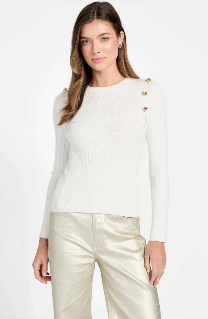 Guess Uzun Kollu Fitilli Logolu Düğmeli Vonn Kadın Beyaz Triko W6RR58Z2YK2-G1O6