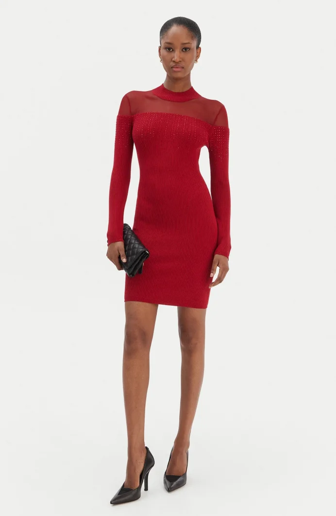 Guess Uzun Kollu Mini Jeena Süslemeli Kadın Kırmızı Elbise W6RK98Z2YJ2-G524