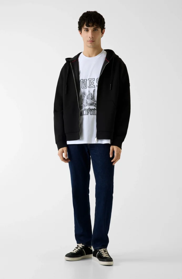 Guess Uzun Kollu Yeni Teknik Esnek Fermuarlı Kapüşonlu Erkek Siyah  Eşofman Üstü  M6RQ05KD132-JBLK