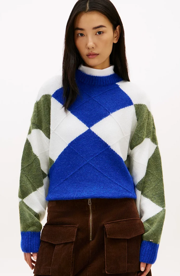 Tommy Hilfiger Alpaka Karışımlı Baklava Desenli Bisiklet Yaka Uzun Kollu Kadın Mavi Kazak WW0WW474640ZU