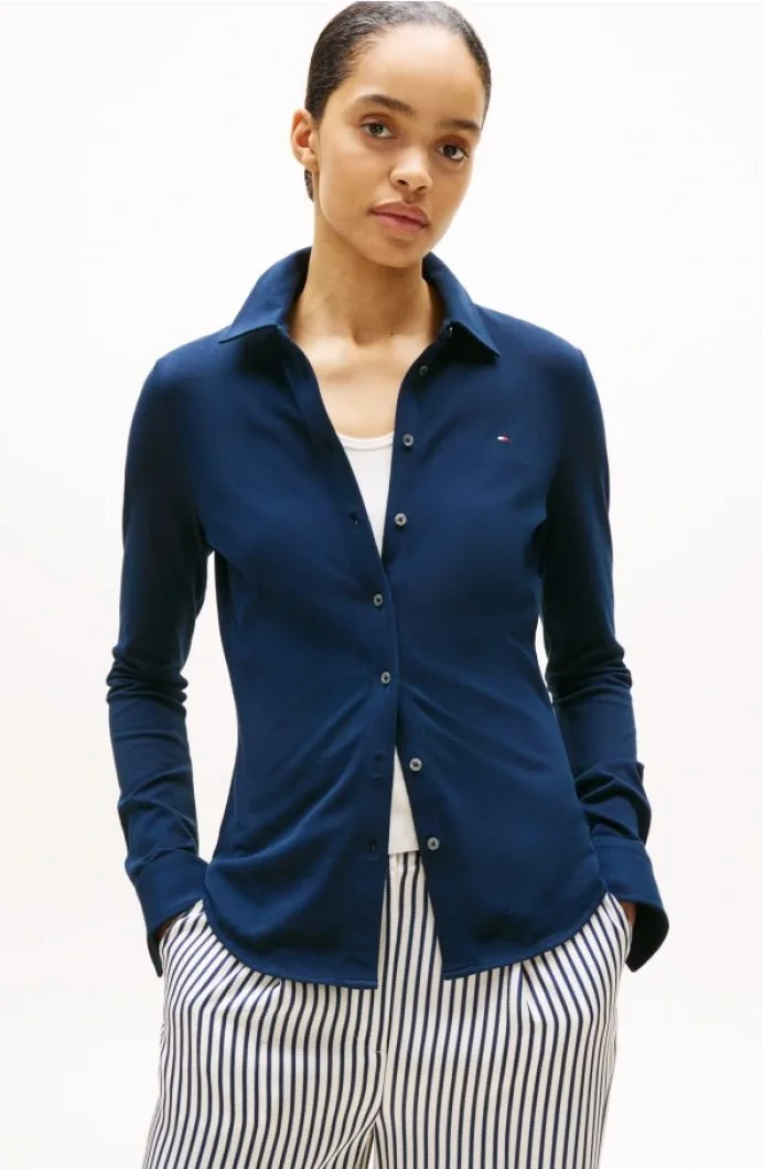 Tommy Hilfiger Kadın 1985 Dar Kesim Pike Uzun Kollu Mavi Gömlek WW0WW43528C1G