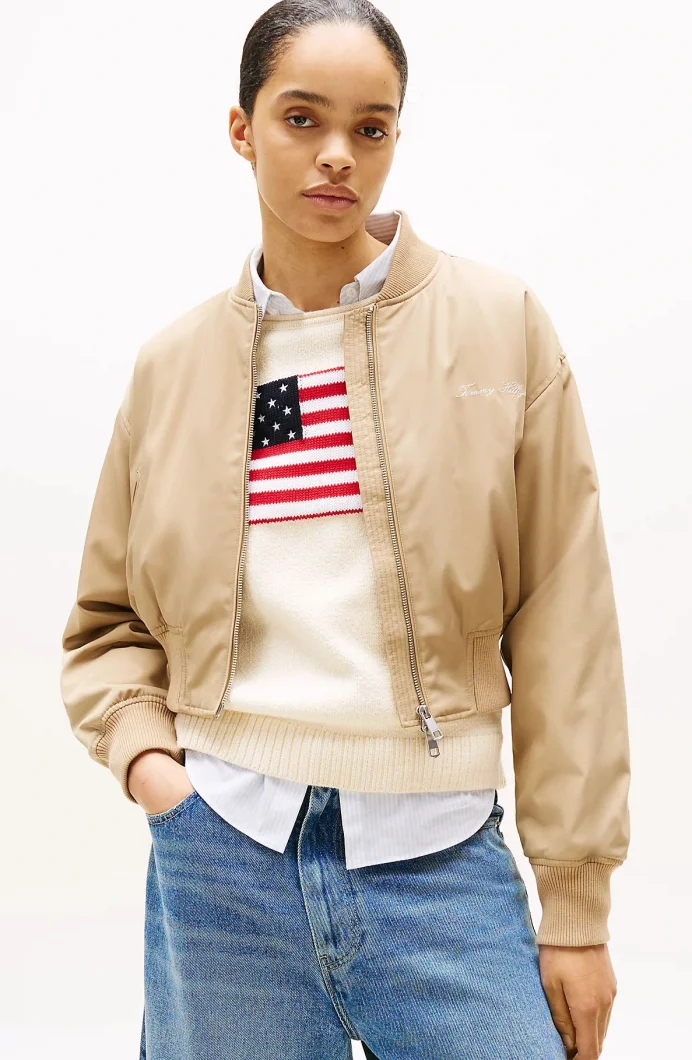 Tommy Hilfiger Kadın Naylon Normal Kesim Kısa Bej Bomber  Ceket WW0WW45634AEH