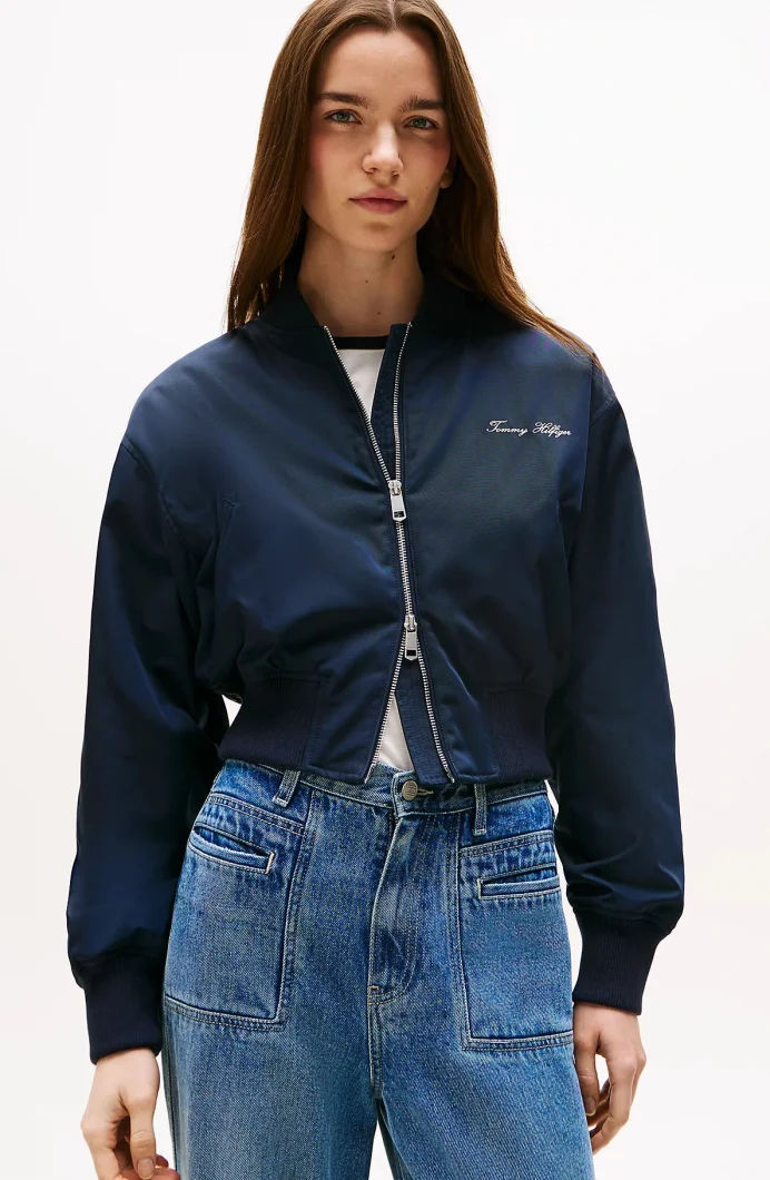 Tommy Hilfiger Kadın Naylon Normal Kesim Kısa Mavi Bomber  Ceket WW0WW45634C1G