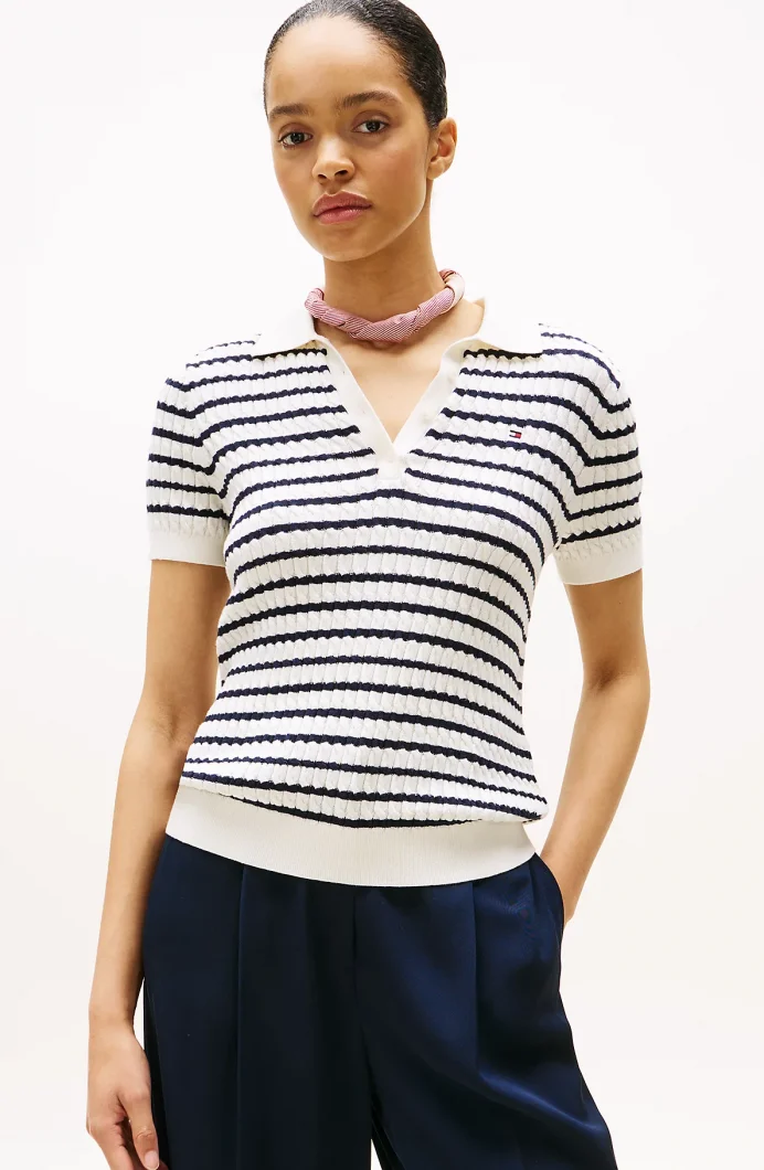 Tommy Hilfiger Kadın Pamuklu İnce Örgü Kısa Kollu Beyaz Polo Yaka Kazak WW0WW414740FG