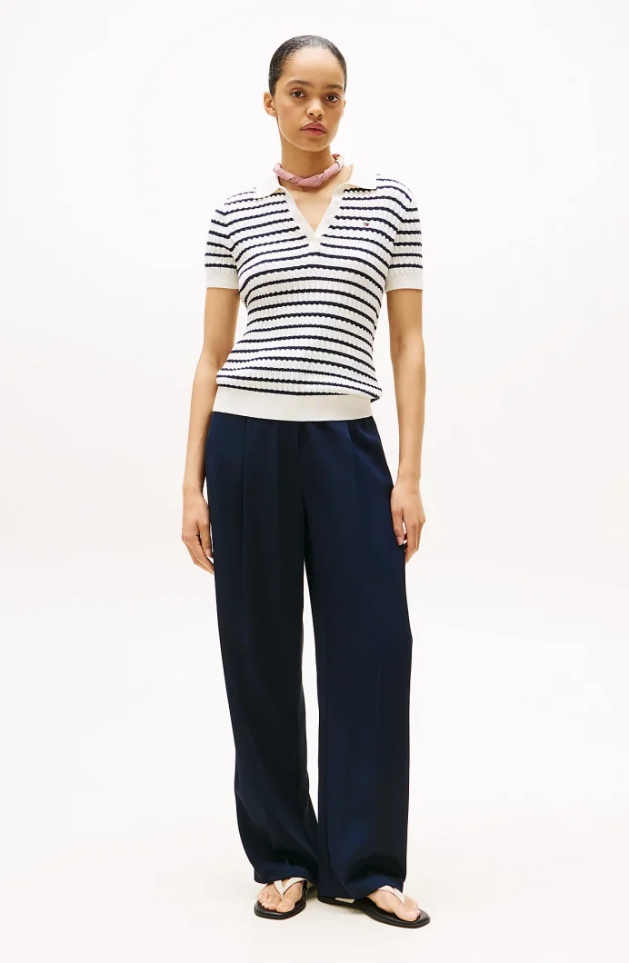 Tommy Hilfiger Kadın Pamuklu İnce Örgü Kısa Kollu Beyaz Polo Yaka  Kazak WW0WW414740FG