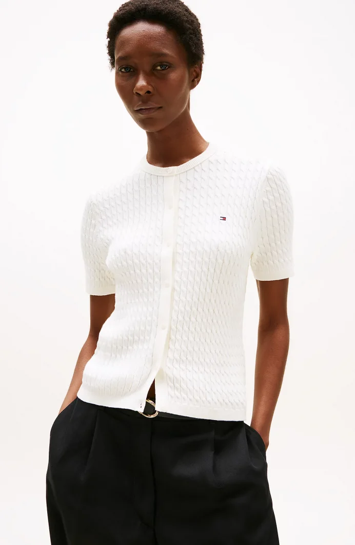 Tommy Hilfiger Kadın Pamuklu İnce Örgü Kısa Kollu Bisiklet Yaka Beyaz Kazak WW0WW45707YA8
