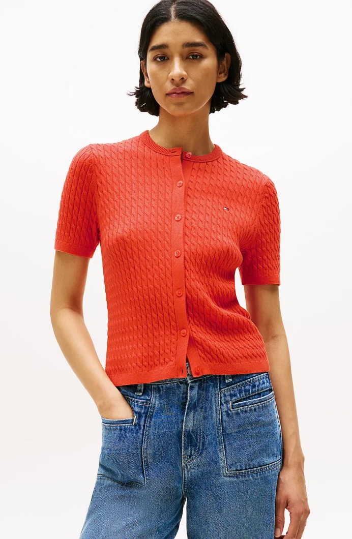 Tommy Hilfiger Kadın Pamuklu İnce Örgü Kısa Kollu Bisiklet Yaka Turuncu Triko  WW0WW45707SCX