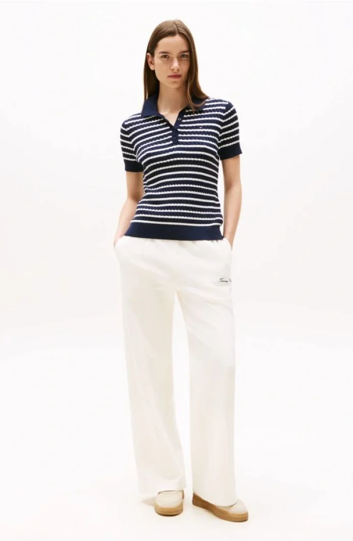 Tommy Hilfiger Kadın Pamuklu İnce Örgü Kısa Kollu Mavi Polo Yaka Kazak WW0WW414740BB