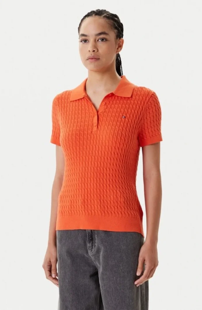 Tommy Hilfiger Kadın Pamuklu İnce Örgü Kısa Kollu Turuncu Polo Yaka  Kazak WW0WW41474SCX