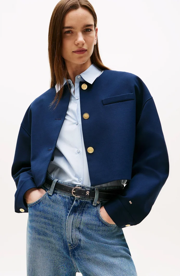 Tommy Hilfiger Kadın Punto Kumaş Kısa Mavi Blazer Ceket WW0WW46519C1G