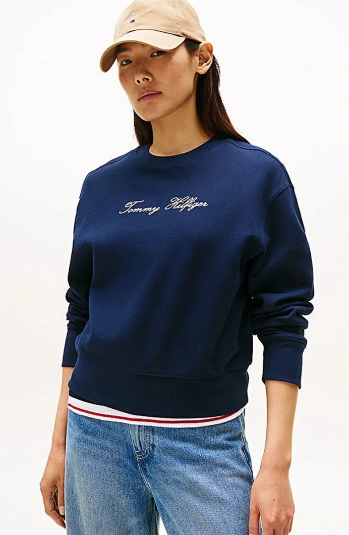 Tommy Hilfiger Kadın Simli Yazı Baskılı Normal Kesim Mavi Kazak WW0WW47159C1G