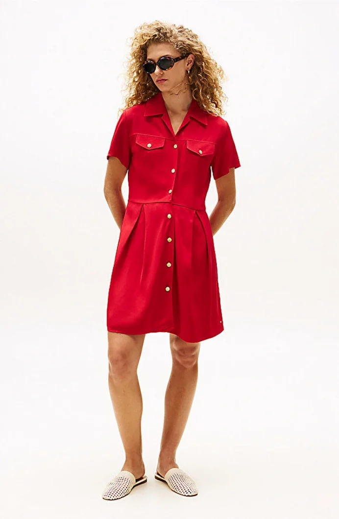 Tommy Hilfiger Kadın Viskon Twill Kısa Kollu Kloş Mini Kırmızı Elbise WW0WW45819XLD