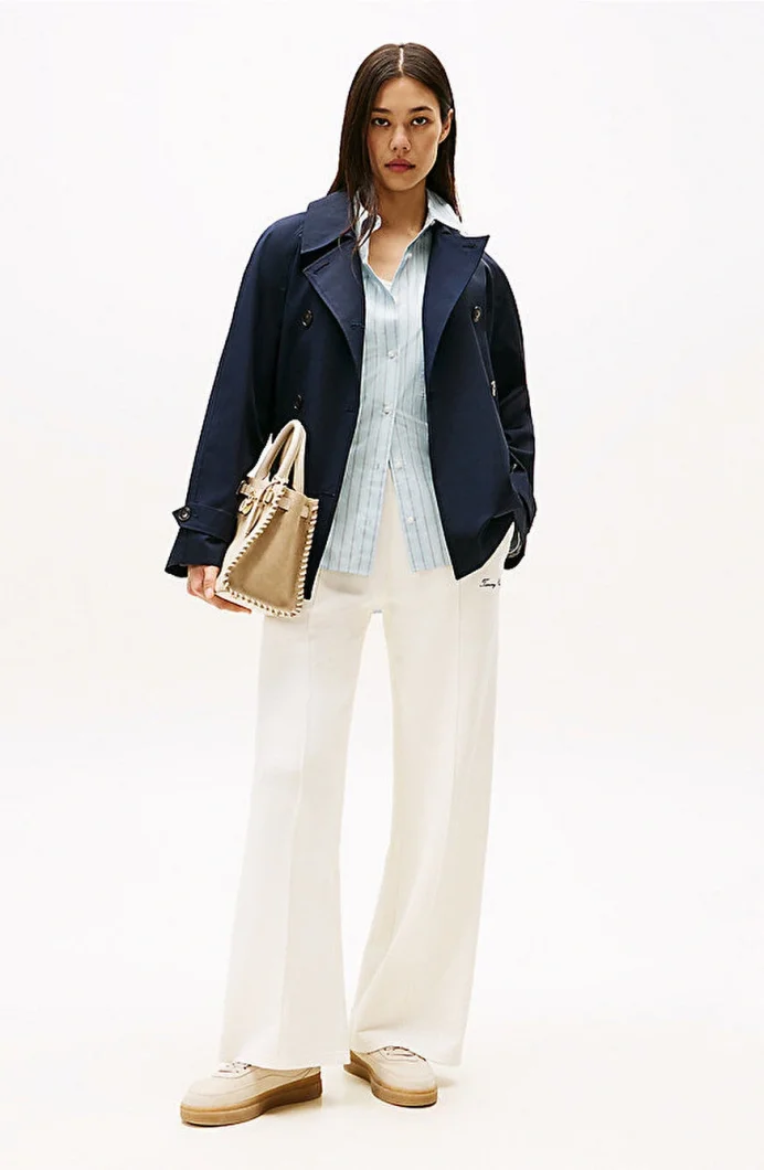 Tommy Hilfiger Kadın Yazı Baskılı Düz Paça Pike Beyaz Eşofman Altı WW0WW45744YA8