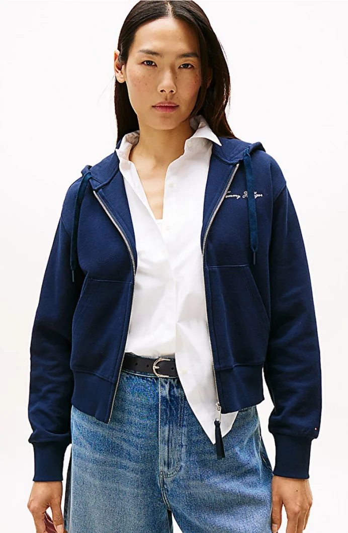 Tommy Hilfiger Kadın Yazı Baskılı Pike Fermuarlı Kapüşonlu Mavi Eşofman Üstü WW0WW45742C1G