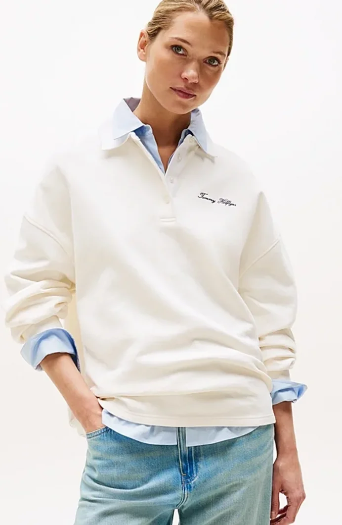 Tommy Hilfiger Kadın Yazı Baskılı Pike Rugby Beyaz Sweatshirt WW0WW45779YA8