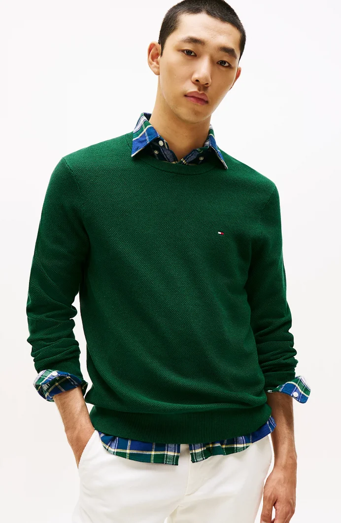 Tommy Hilfiger Klasik Dokulu Bisiklet Yaka Erkek Yeşil Kazak MW0MW36347MQ8