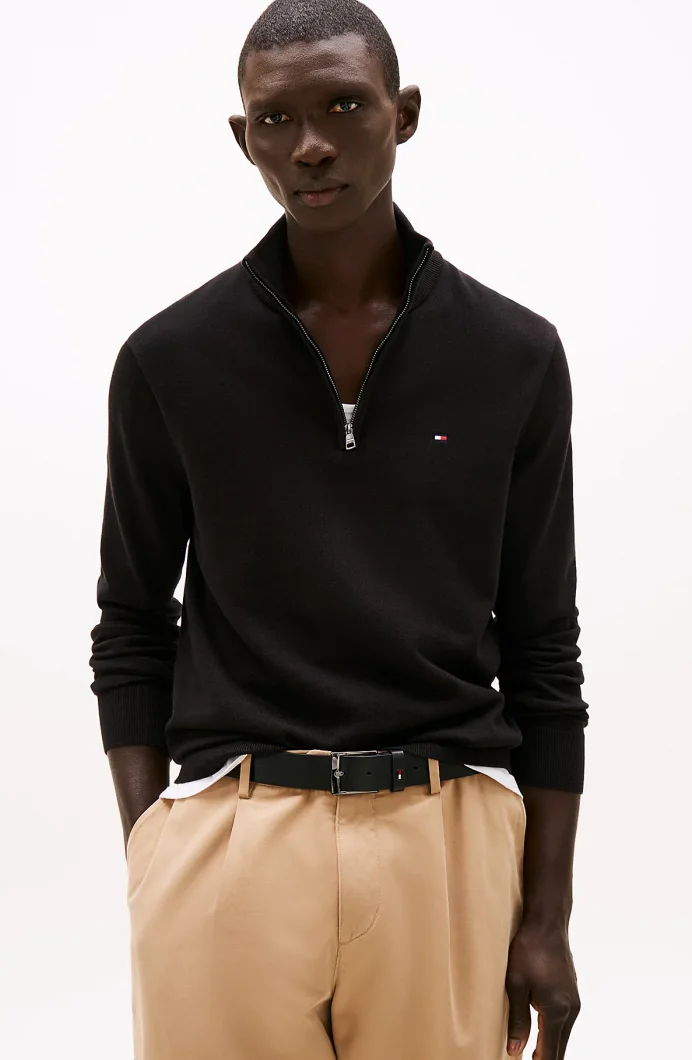 Tommy Hilfiger Klasik Pamuklu Fermuarlı Balıkçı Yaka Erkek Siyah Kazak MW0MW37331BDS