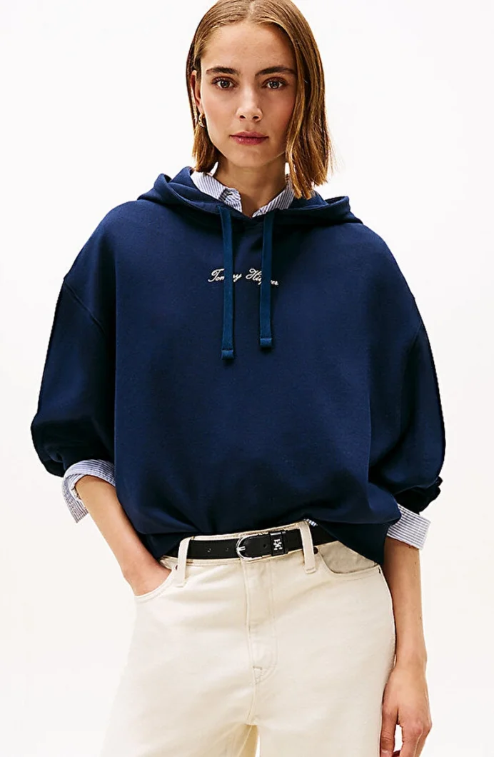 Tommy Hilfiger Klasik Yazı Baskılı Penye Kapüşonlu Kadın Sweatshirt  WW0WW48270C1G