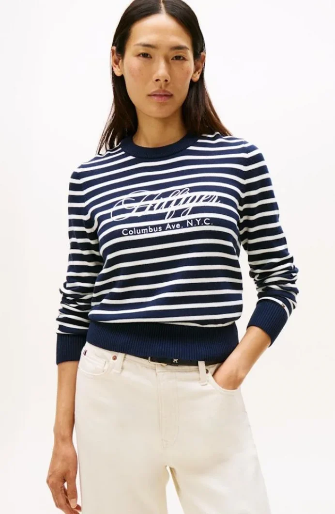 Tommy Hilfiger Pamuklu Penye Grafik Baskılı Bisiklet Yaka Uzun Kollu Kadın Mavi Kazak WW0WW473040BI