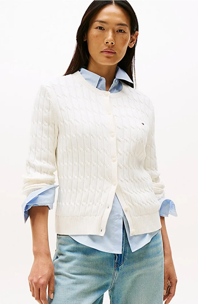 Tommy Hilfiger Pamuklu Saç Örgülü Orta Kalınlıkta Bisiklet Yaka Uzun Kollu Kadın  Hırka  WW0WW46514YA8