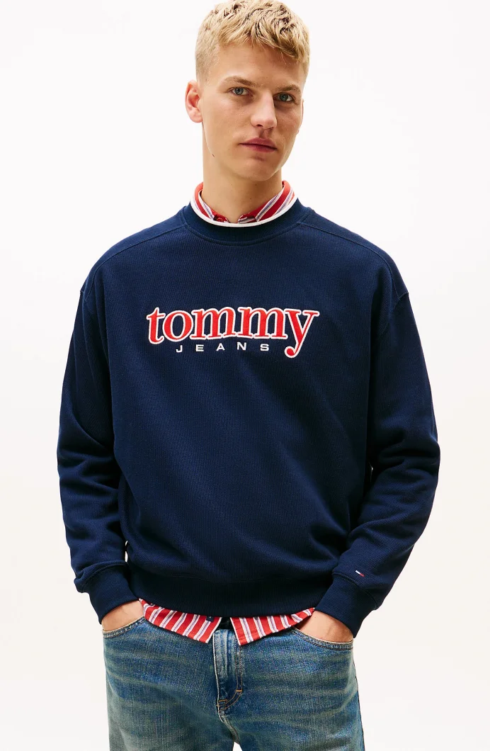 Tommy Hilfiger TJM 90lar Dokulu Grafik Baskılı Bisiklet Yaka Erkek Mavi Sweatshirt DM0DM22373C1G