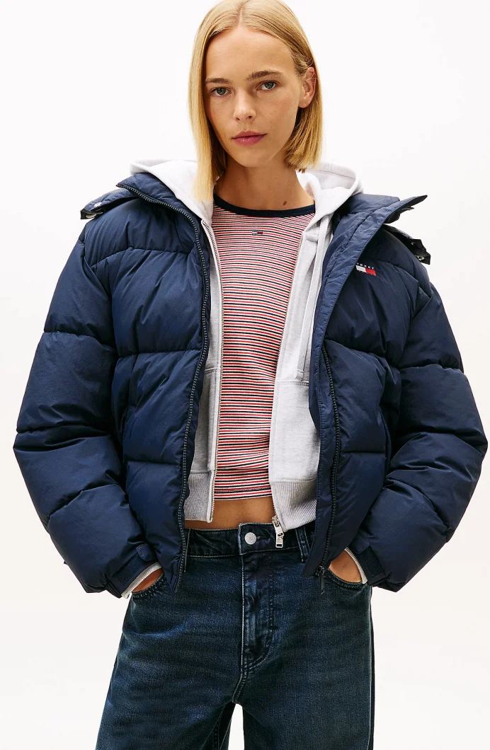 Tommy Hilfiger TJW Büyük Beden Kapüşonlu Bayraklı Şişme Kadın Mavi Mont DW0DW22041C1G