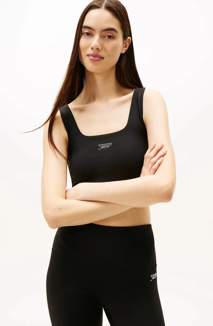 Tommy Hilfiger TJW Dar Kesim Kısa Gümüş Rengi Yazı Baskılı Kadın Siyah Atlet  DW0DW21564BDS