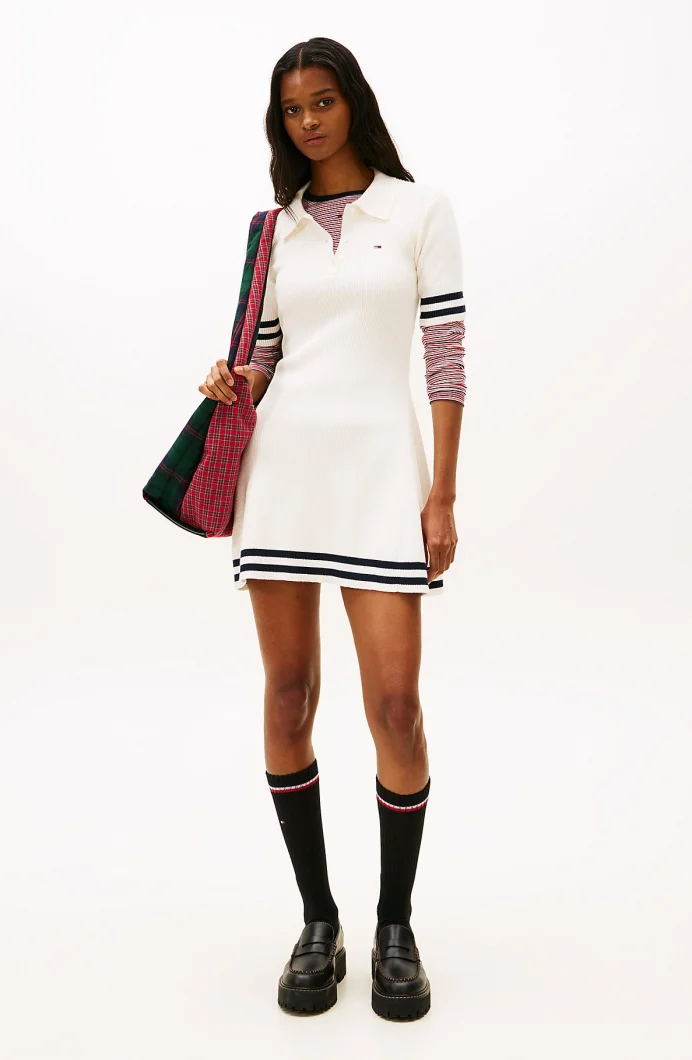 Tommy Hilfiger TJW F&F Triko Polo Yakalı Mini Kadın Beyaz Elbise DW0DW22106YBH