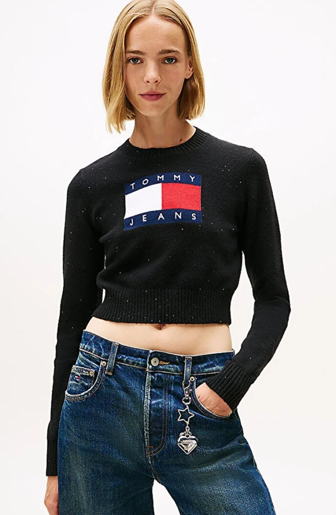 Tommy Hilfiger TJW Işıltılı Bayrak Desenli Kadın Siyah Kazak DW0DW21690BDS
