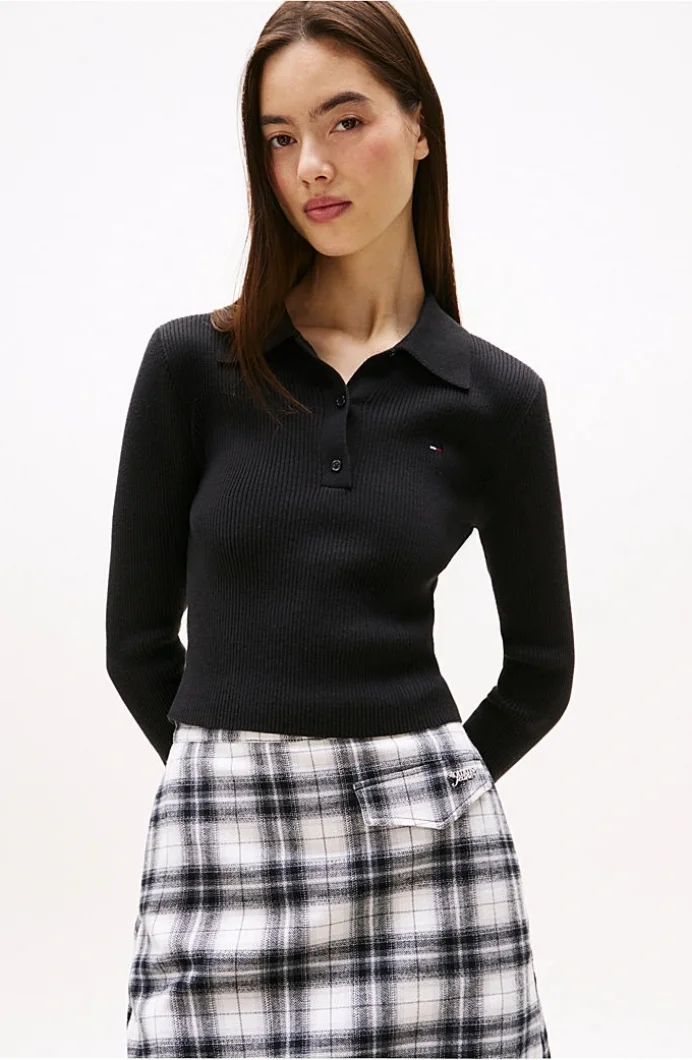 Tommy Hilfiger TJW Klasik Polo Uzun Kollu Kadın Siyah Kazak DW0DW21829BDS